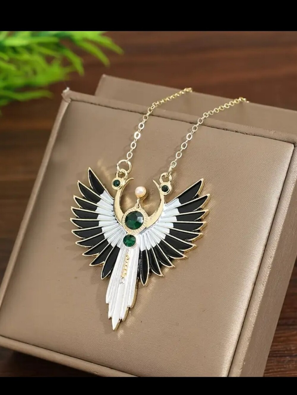 Gothic Angel Wing Necklace with Layered Emerald Pendant & Accent